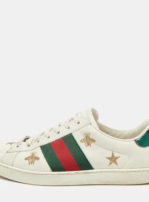Gucci Ace Size 41 White/Green Leather and Python Embossed Web Bee Low Top Sneakers