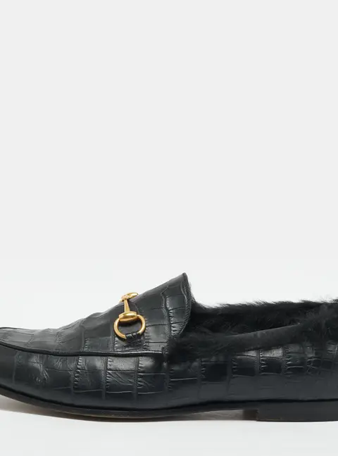 Gucci Jordaan Size 44 Crocodile Leather and Shearling Horsebit Loafers