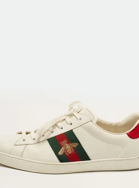 Gucci Ace Web Size 47 White Leather Bee Embroidered Low Top Sneakers