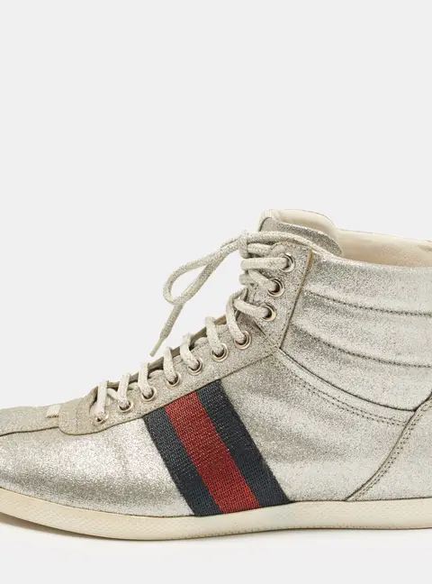 Gucci Web Size 41.5 Metallic Silver Glitter High Top Sneakers