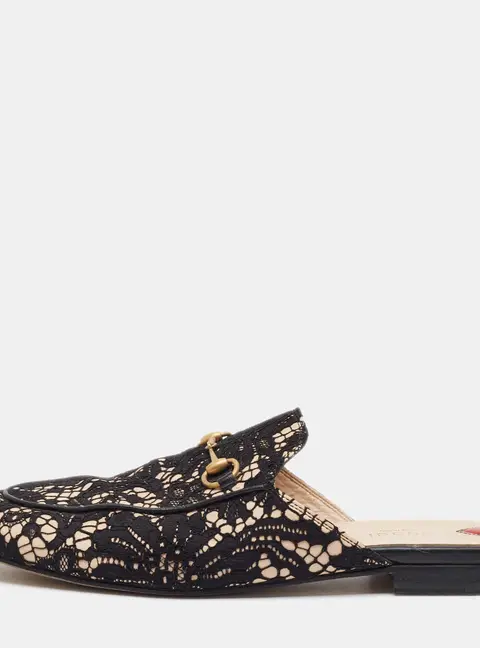 Gucci Princetown Size 42 Black/Beige Lace and Leather Horsebit Flat Mules