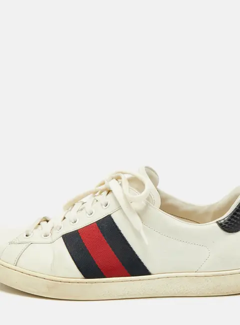 Gucci Ace Size 43 White/Black Leather and Python Embossed Web Lace Up Sneakers