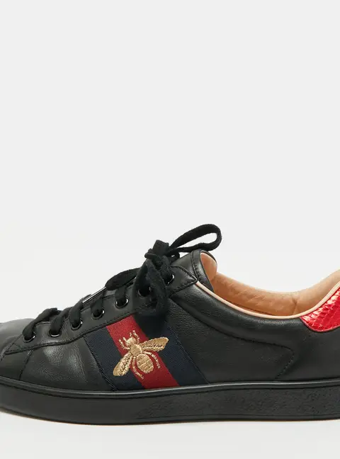 Gucci Ace Web Size 42 Black Leather Bee Embroidered Low Top Sneakers