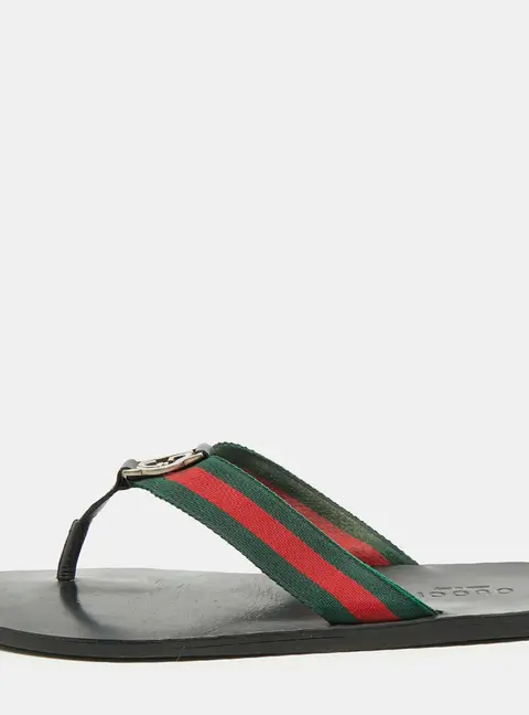 Gucci Interlocking G Size 44 Tricolor Canvas and Leather Thong Flat Slide