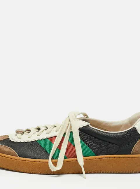 Gucci G74 Size 40 Black Leather and Suede Web Lace Up Sneakers