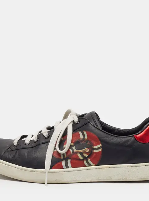 Gucci Ace Size 42.5 Black Leather Kingsnake Print Low Top Sneakers