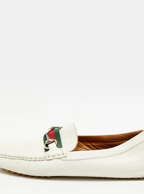Gucci Horsebit Size 44.5 White Leather Web  Driver Loafers