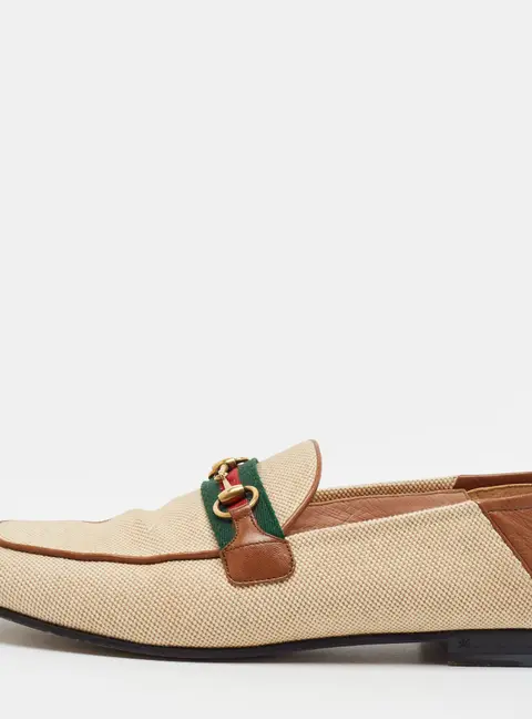 Gucci Brixton Size 41 Beige/Brown Canvas and Leather Web Horsebit Loafers