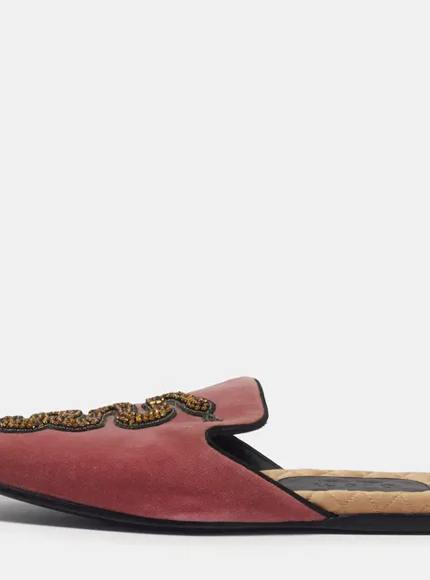 Gucci Lawrence Size 40 Pink Velvet Snake Crystal Embellished Flat Mules