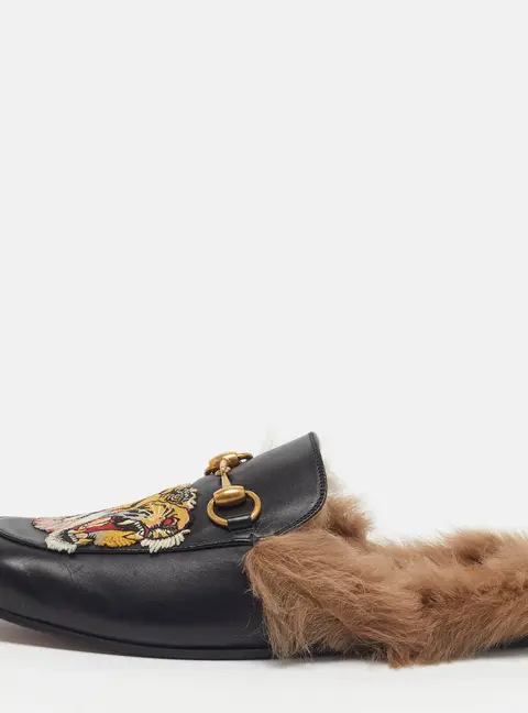 Gucci Princetown Size 40 Black Fur and Leather Mules