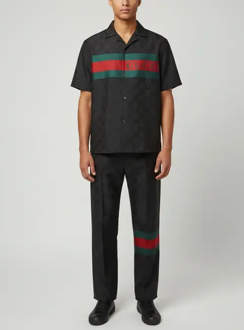 Gucci Black Monogram Jacquard Pant and Shirt Set M