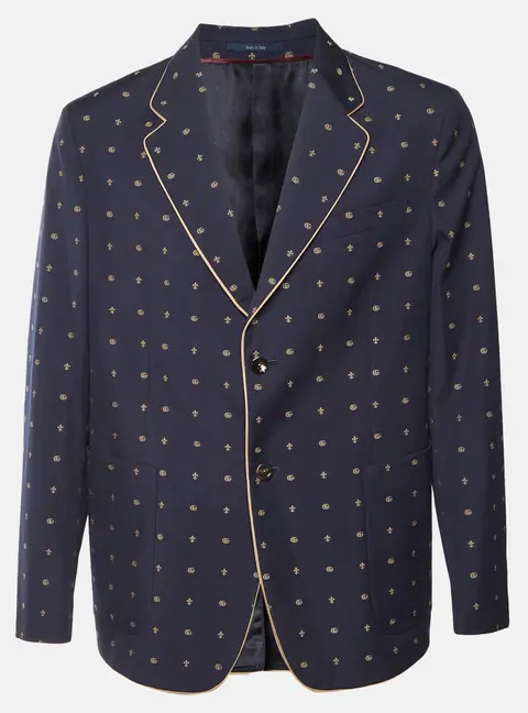 Gucci Navy Blue Double G Logo Jacquard Wool Tailored Blazer L