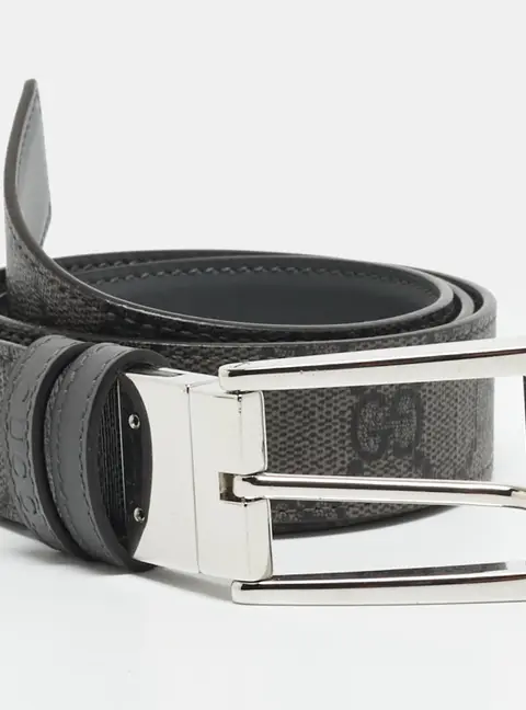 Gucci 80 CM Reversible Rectangular Buckle Belt Grey GG Supreme Canvas and Leather