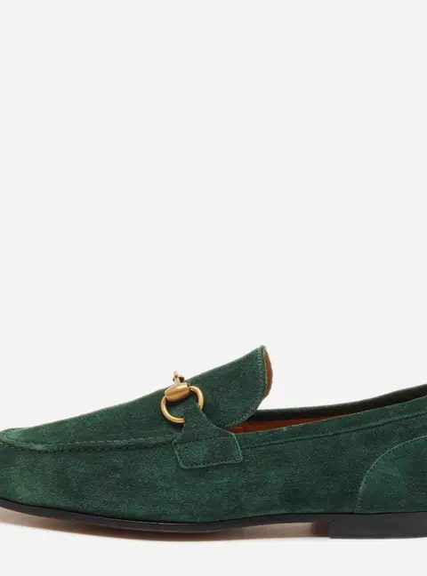 Gucci Jordaan Size 37 Dark Green Suede Horsebit Loafers