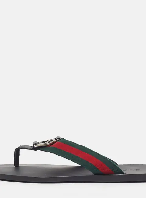 Gucci  Size 41 Black Leather Web Strap Interlocking G Thong Flats