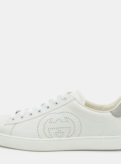 Gucci Ace Size 43.5 White Perforated Interlocking G Leather Low Top Sneakers