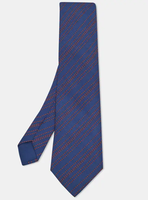 Herm&egrave;s Dark Blue/Orange Diagonal Striped Silk Tie