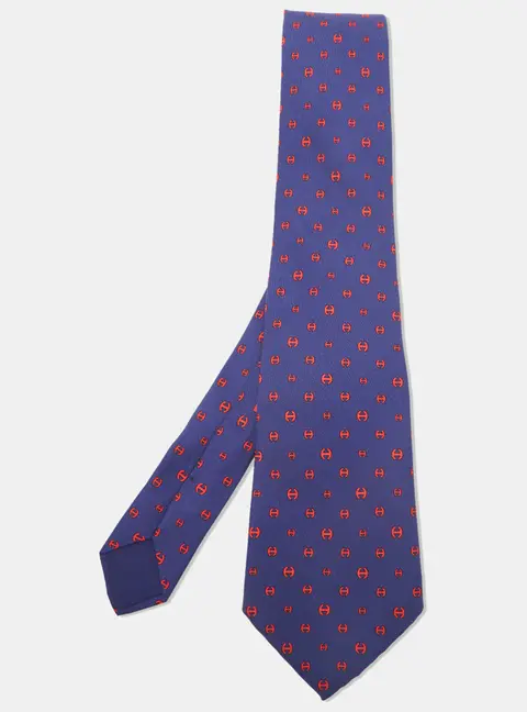 Herm&egrave;s Blue/Red Maillon H Traditional Silk Tie