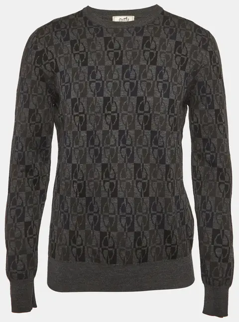 Hermes Grey Intarsia Wool Knit Sweater M