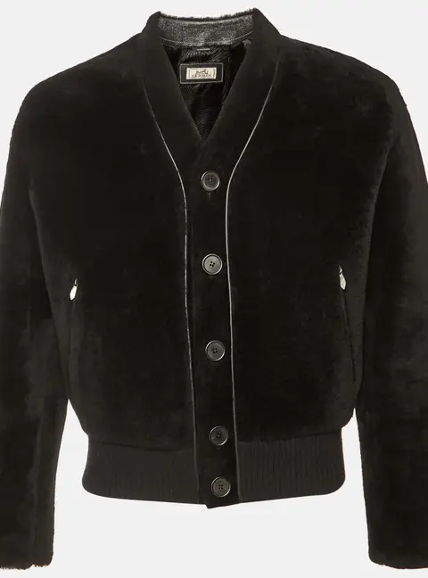 Hermes Blac Fur & Leather Button Front Oversized Jacket S