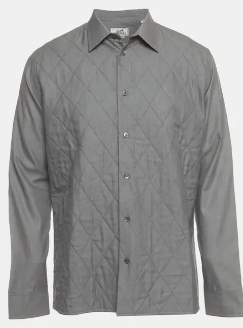 Hermes Grey Diamond Quilted Cotton Button Down Shirt L