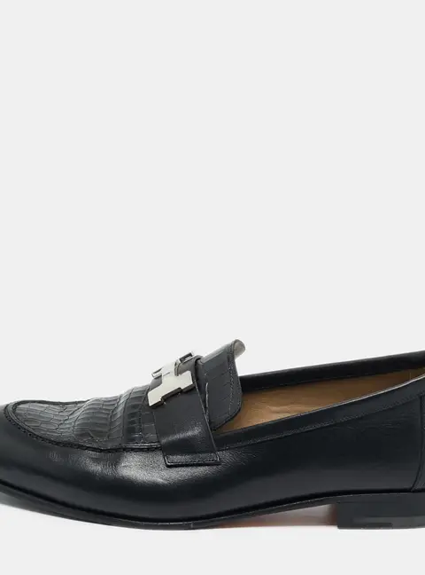 Hermes Black Crocodile Leather and Leather Loafers Size 41.5