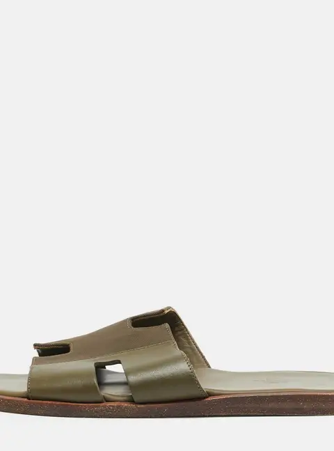 Hermes Izmir Size 41.5 Green Canvas and Leather Flat Slides