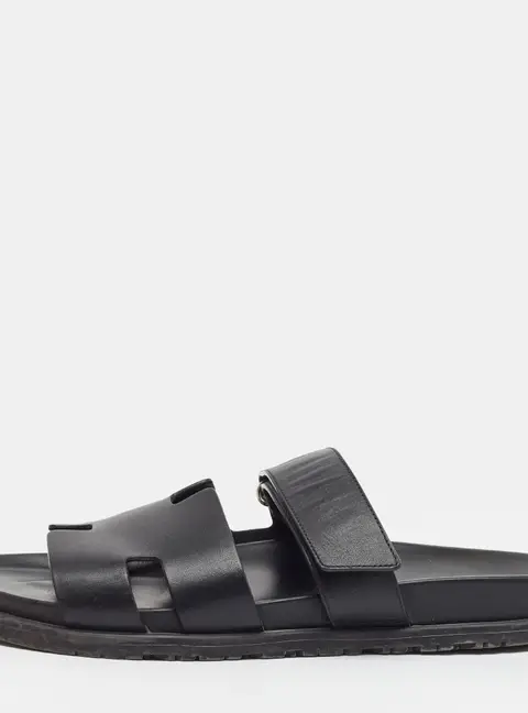 Hermes Chypre Size 44 Black Leather Flat Slides