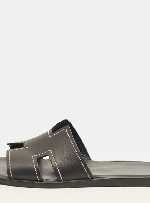 Hermes Izmir Size 43 Black Leather Flat Slides