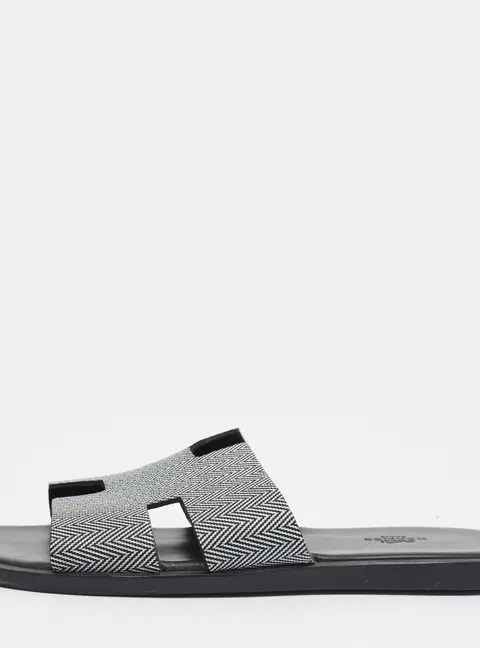 Hermes Izmir Size 41.5 White/Black Zig-Zag Leather Flat Slide