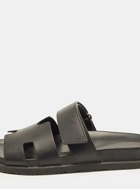 Hermes Chypre Size 40.5 Black Leather Flat Slide