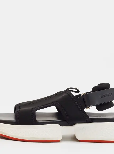 Hermes Gate Size 40 Black Fabric Slingback Flat Sandals