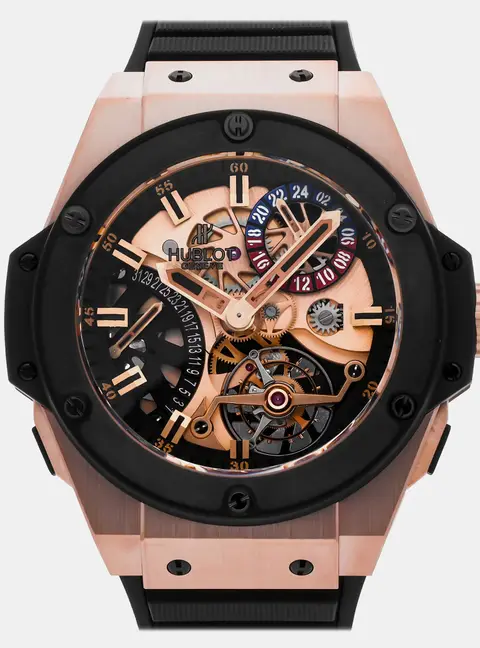 Hublot King Power Big Bang Tourbillon GMT 706.OM.1180.RX Manual Winding Skeleton Dial 18k King Gold Black Ceramic Men's Wristwatch 48mm