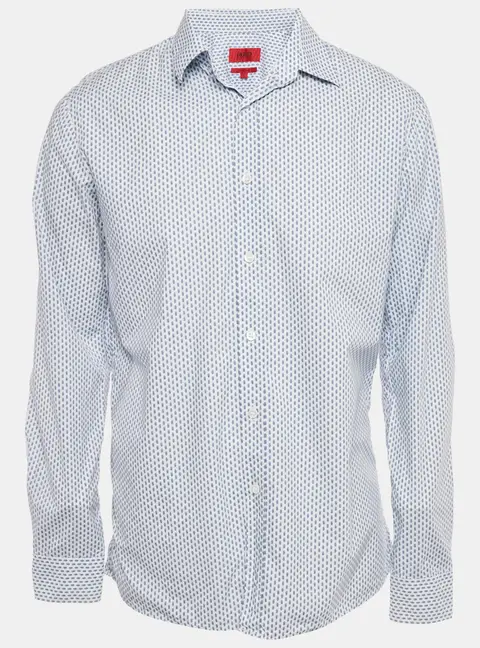 Hugo Boss White/Blue Printed Cotton Slim Line Shirt L