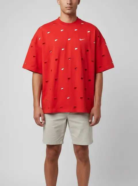 Jacquemus X Nike Red Distressed Jersey Swoosh T-Shirt S