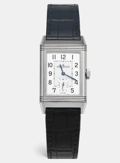 Jaeger LeCoultre Reverso Classic Small Second Q3858520 Silver Dial Stainless Steel Alligator Leather Men's Wristwatch 27.40 mm