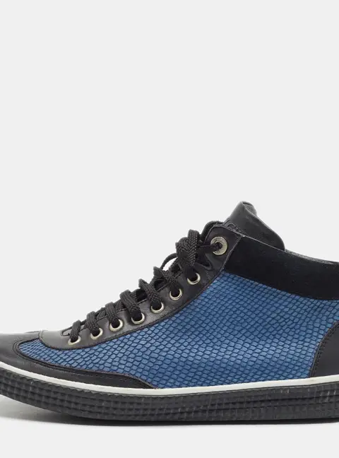 Jimmy Choo Size 42.5 Black Leather and Python Embossed Leather Lace Up Sneakers