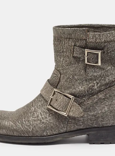 Jimmy Choo Platinum Size 38 Grey Textured Leather Buckle Detail Ankle Boots