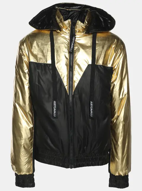 Just Cavalli Gold/Black Nylon Bomber Hoodie Jacket M