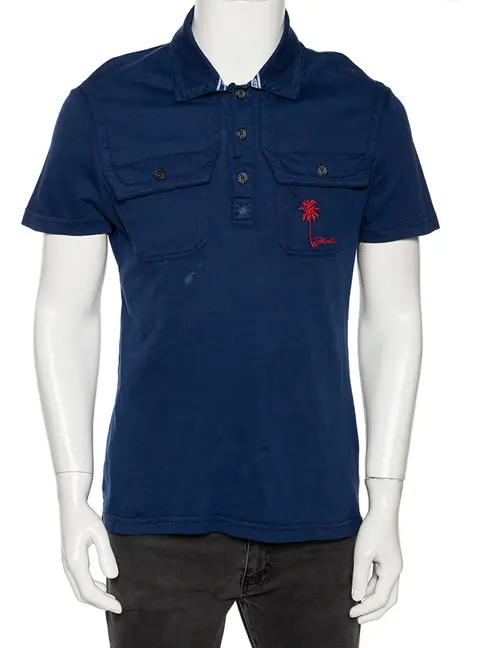 Just Cavalli Blue Cotton Palm Tree Embroidered Polo T Shirt XL