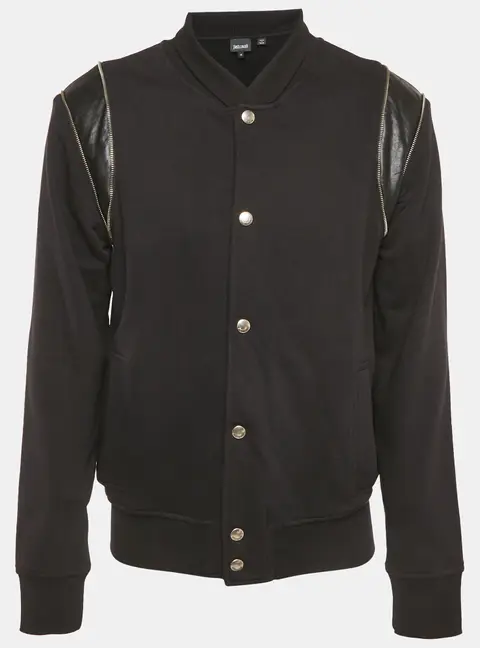 Just Cavalli Black Embroidered Cotton Knit Faux Leather Trim Jacket M