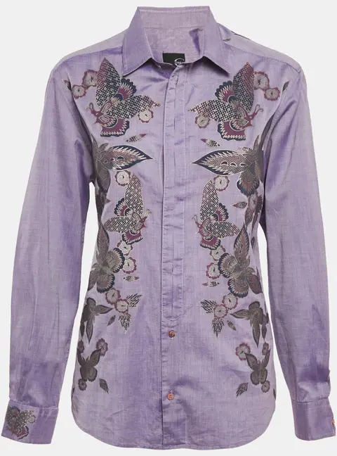 Just Cavalli Purple Floral Print Cotton Long Sleeve Shirt L