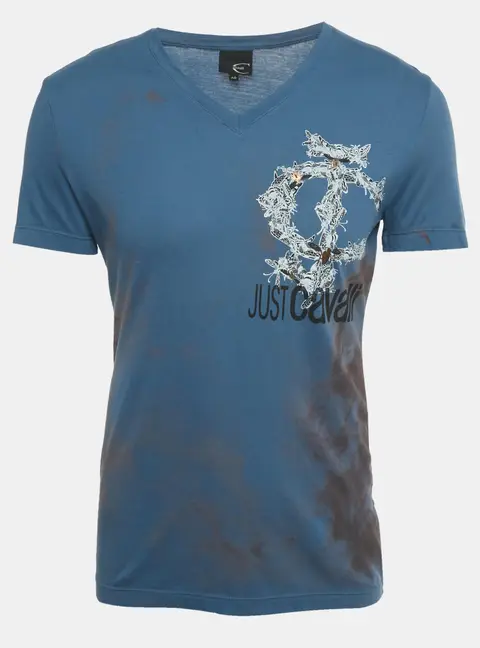 Just Cavalli Blue Printed Jersey V-Neck T-Shirt M