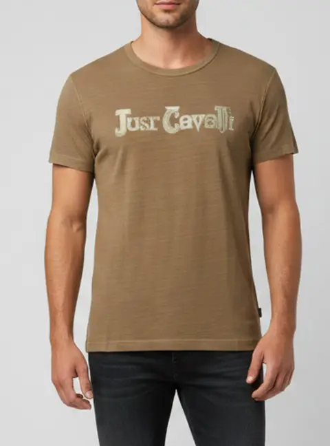 Just Cavalli Khaki Logo Graphic Jersey Crew Neck T-Shirt XL