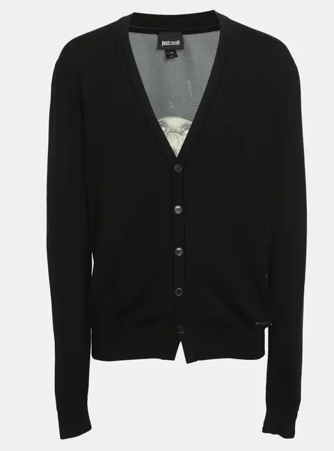 Just Cavalli Black/Grey Multicolor Printed Skull Wool Cardigan M