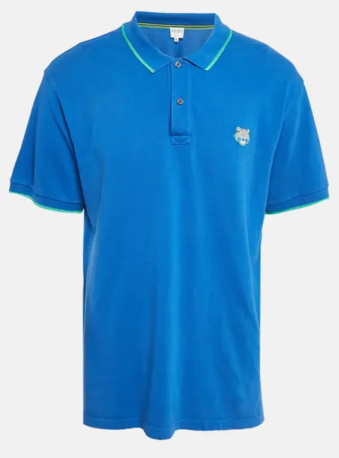 Kenzo Blue Tiger Applique Cotton Pique Polo T-Shirt XL