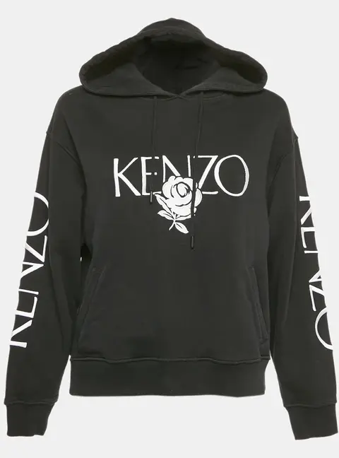 Kenzo Black Floral Logo Embroidery Cotton Hooded Sweatshirt S