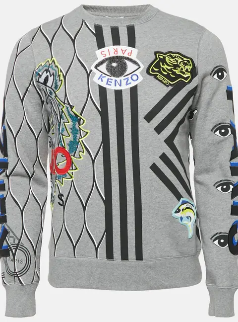 Kenzo Grey Embroidered Cotton Applique Detail Sweatshirt XS