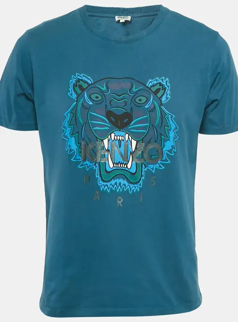 Kenzo Teal Blue Tiger Print Jersey Crewneck T-Shirt L