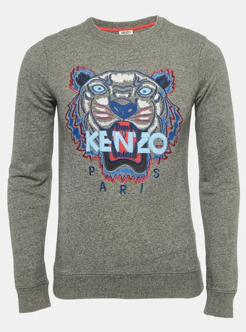 Kenzo Grey Tiger Embroidered Cotton Crewneck T-Shirt XS